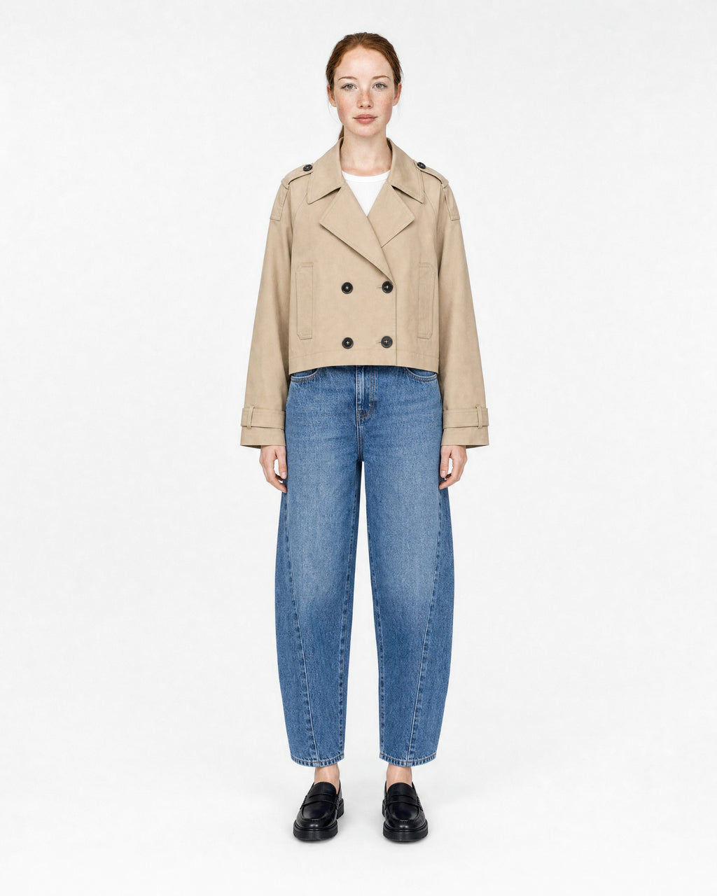 cropped trench coat in beige, buttoned, front view on model