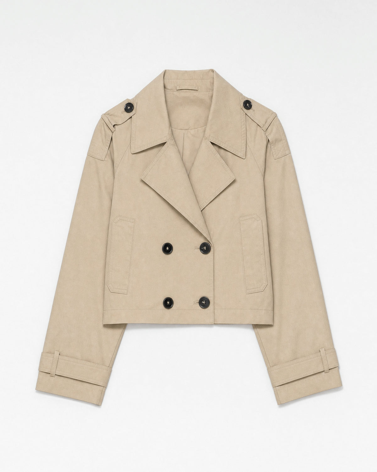 cropped trench coat in beige, flat lay