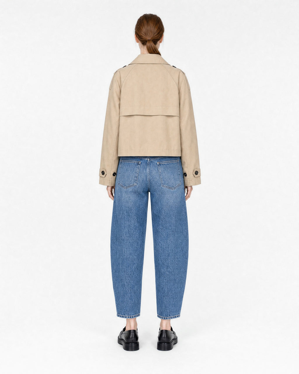 cropped trench coat in beige, back view on model