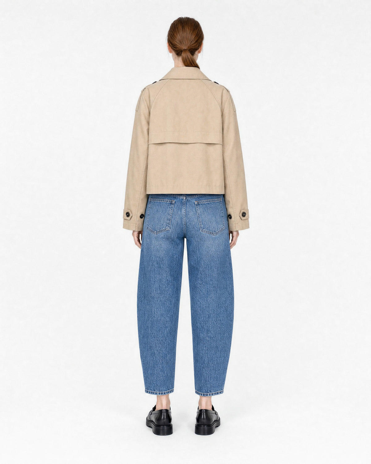 cropped trench coat in beige, back view on model